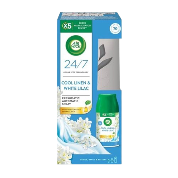 Airwick freshmatic Vůně svěžího prádla Cool Linen & White Lilac 250ml komplet