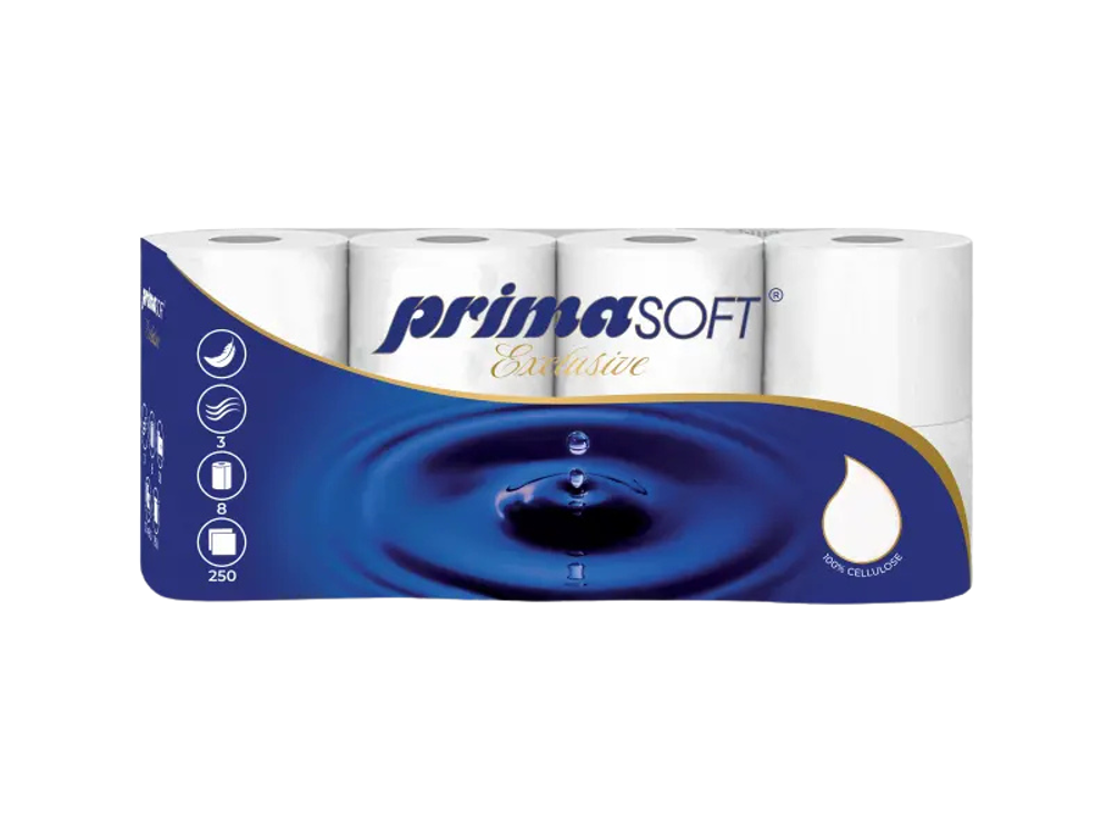 Toaletní papír Primasoft exclusive 250útr., 3vr., 30m celulóza, 8ks