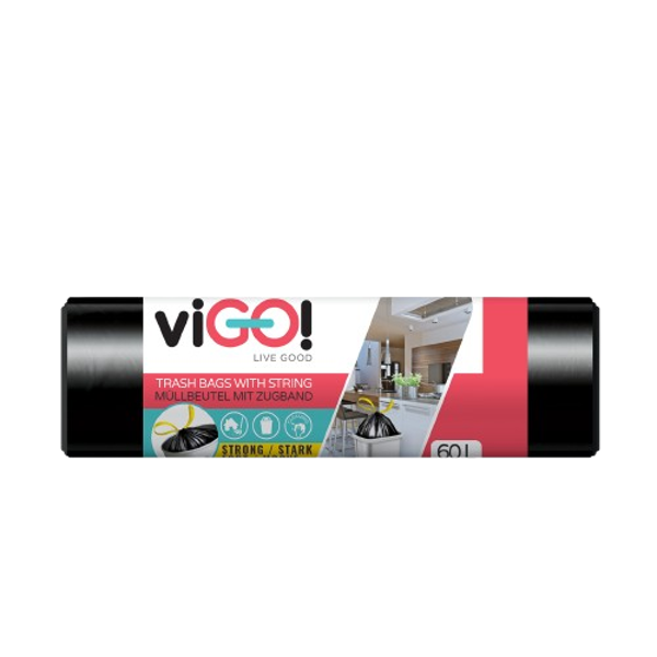 Pytle na odpad viGO! LDPE Q006, 60l, 15ks, 20my, 65x85cm, zatahovací, černé